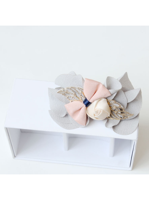 Fashion Elegant Casual Chiffon Handmade Pink Bow Rose Female Gray Hairpin