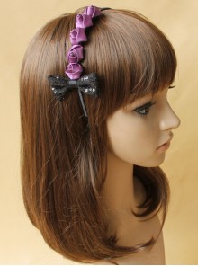 Fashion Elegant Black Bow Purple Rose Flower Handmade Thin Hair Band