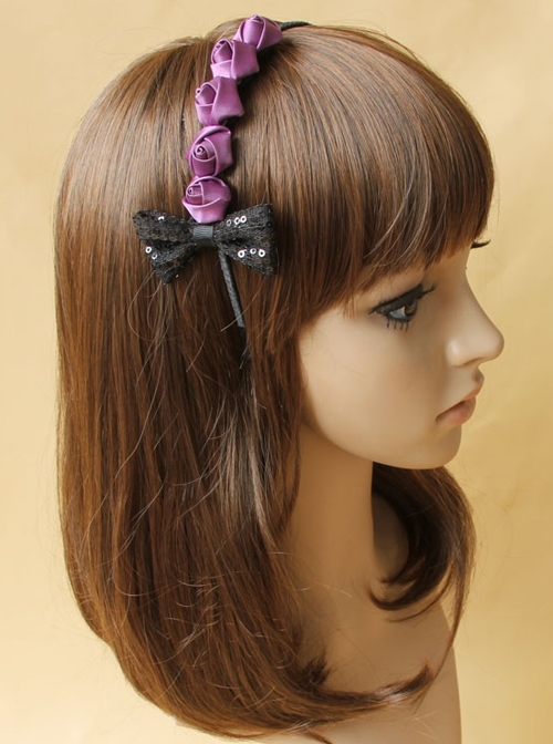 Fashion Elegant Black Bow Purple Rose Flower Handmade Thin Hair Band