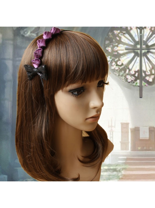 Fashion Elegant Black Bow Purple Rose Flower Handmade Thin Hair Band