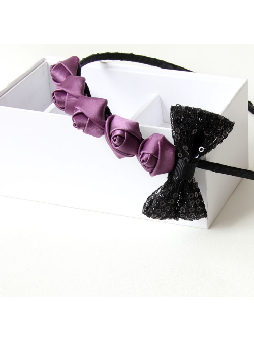 Fashion Elegant Black Bow Purple Rose Flower Handmade Thin Hair Band