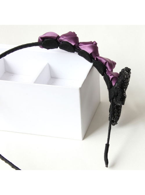Fashion Elegant Black Bow Purple Rose Flower Handmade Thin Hair Band