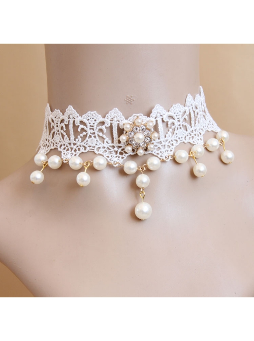 Baroque White Lace Bride Pearl Rhinestone Fashion Female Short Necklace