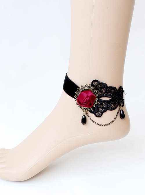 Gothic Fashion Retro Creative Individuality Red Rose Black Lace Pearl Anklet