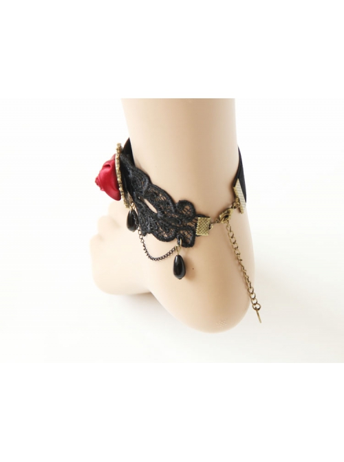Gothic Fashion Retro Creative Individuality Red Rose Black Lace Pearl Anklet