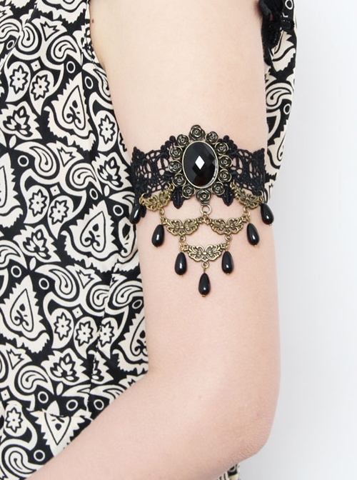Retro Gothic Fashion Elegant Female Black Lace Pearl Tassel Armband