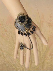 Retro Gothic Fashion Black Flower Pearl Female Fashion Band Ring Bracelet