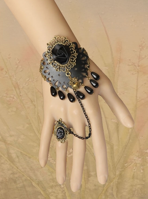 Retro Gothic Fashion Black Flower Pearl Female Fashion Band Ring Bracelet