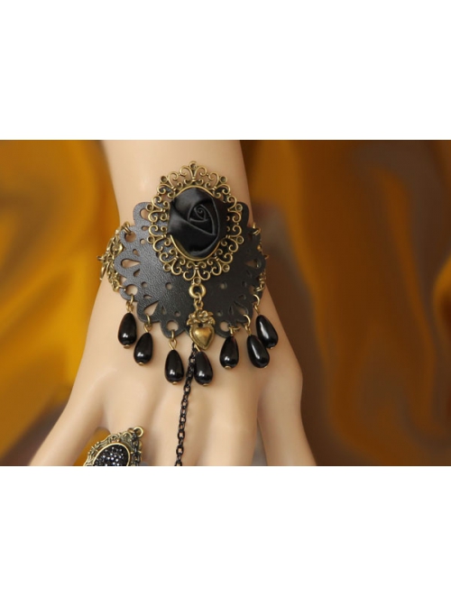 Retro Gothic Fashion Black Flower Pearl Female Fashion Band Ring Bracelet
