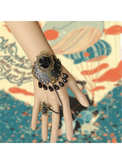 Retro Gothic Fashion Black Flower Pearl Female Fashion Band Ring Bracelet