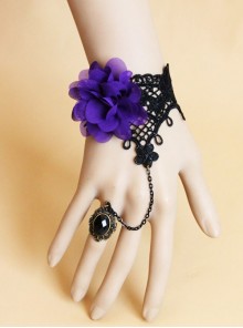 Retro Gothic Fashion Purple Flowers Black Lace Gems Female Bracelet With Ring One Chain