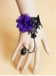 Retro Gothic Fashion Purple Flowers Black Lace Gems Female Bracelet With Ring One Chain