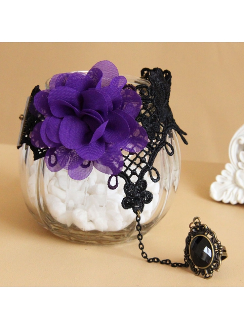 Retro Gothic Fashion Purple Flowers Black Lace Gems Female Bracelet With Ring One Chain