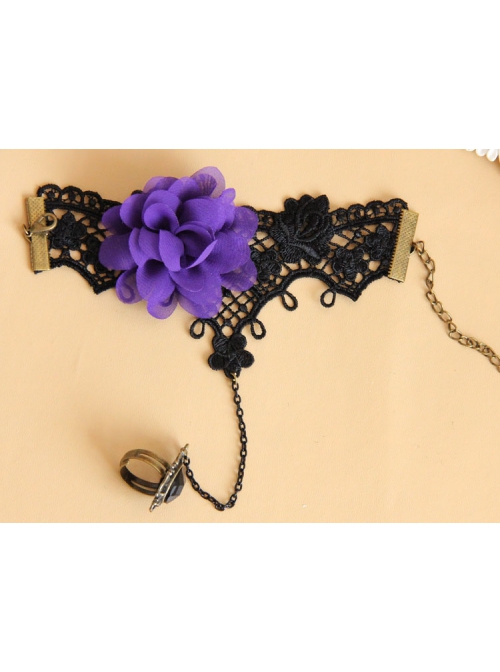 Retro Gothic Fashion Purple Flowers Black Lace Gems Female Bracelet With Ring One Chain