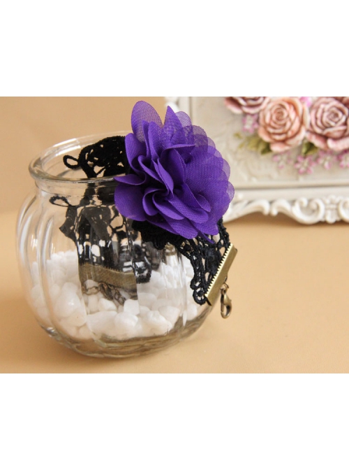 Retro Gothic Fashion Purple Flowers Black Lace Gems Female Bracelet With Ring One Chain
