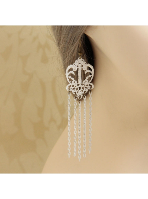 Retro Fashion White Lace Tassel Exaggerated Female Handmade Long Earrings
