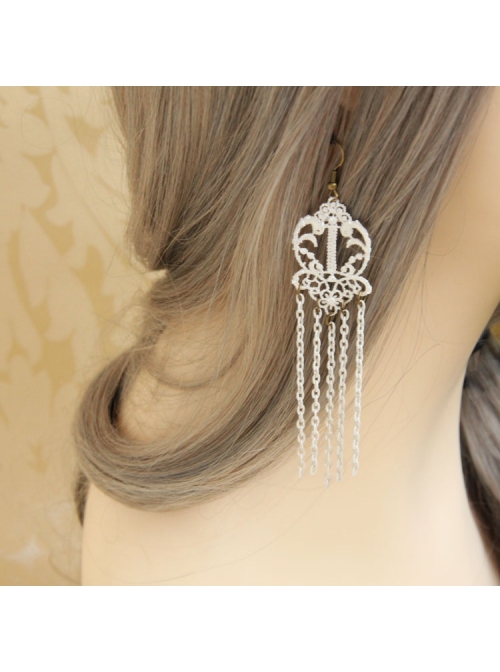 Retro Fashion White Lace Tassel Exaggerated Female Handmade Long Earrings