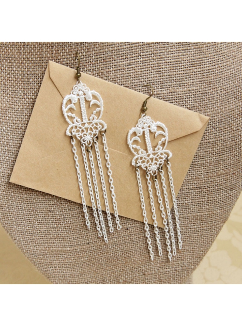 Retro Fashion White Lace Tassel Exaggerated Female Handmade Long Earrings