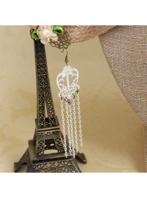 Retro Fashion White Lace Tassel Exaggerated Female Handmade Long Earrings
