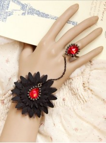 Retro Fashion Gothic Black Lace Flower Ruby Female Band Ring Bracelet One Chain