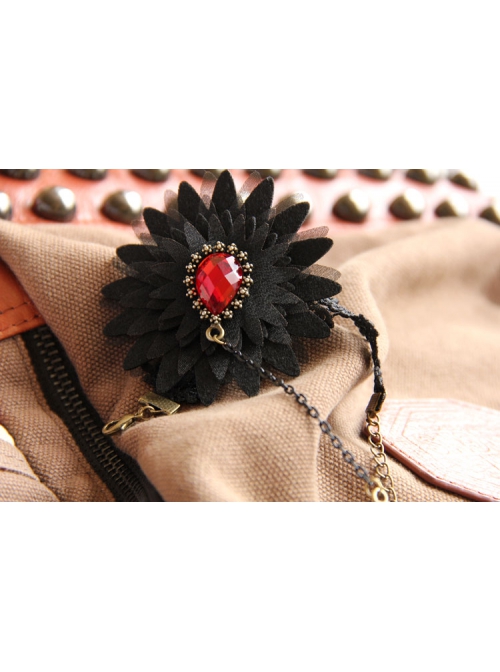 Retro Fashion Gothic Black Lace Flower Ruby Female Band Ring Bracelet One Chain