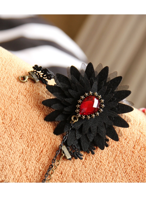 Retro Fashion Gothic Black Lace Flower Ruby Female Band Ring Bracelet One Chain