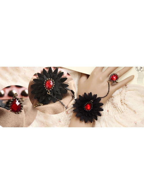 Retro Fashion Gothic Black Lace Flower Ruby Female Band Ring Bracelet One Chain