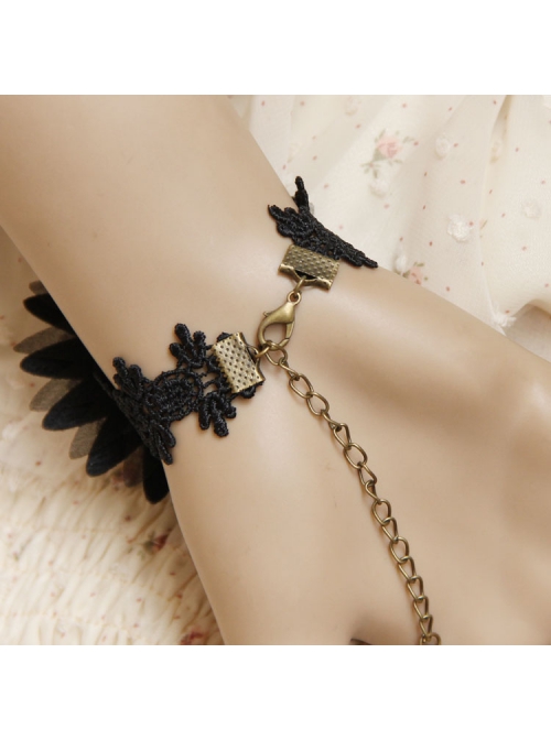 Retro Fashion Gothic Black Lace Flower Ruby Female Band Ring Bracelet One Chain