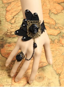 Fashion Black Butterfly Retro Gothic Rose Flower Diamond Lace Bracelet With Ring One Chain