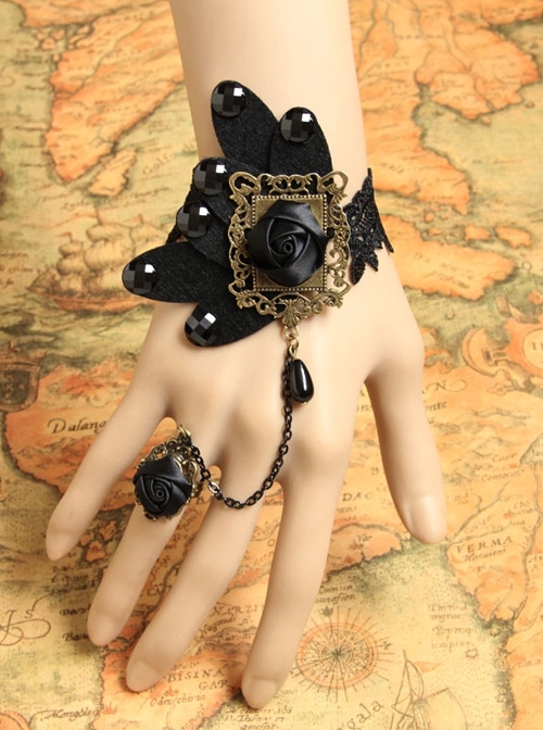 Fashion Black Butterfly Retro Gothic Rose Flower Diamond Lace Bracelet With Ring One Chain