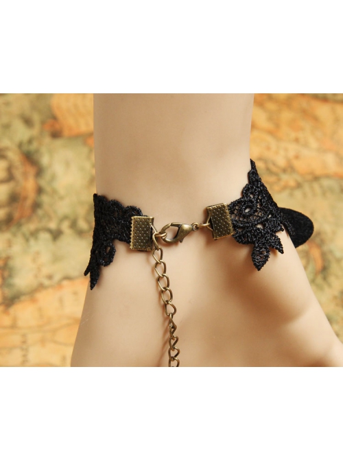 Fashion Black Butterfly Retro Gothic Rose Flower Diamond Lace Bracelet With Ring One Chain