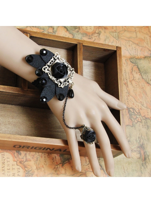 Fashion Black Butterfly Retro Gothic Rose Flower Diamond Lace Bracelet With Ring One Chain