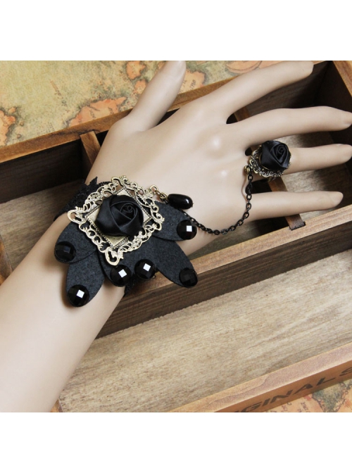 Fashion Black Butterfly Retro Gothic Rose Flower Diamond Lace Bracelet With Ring One Chain