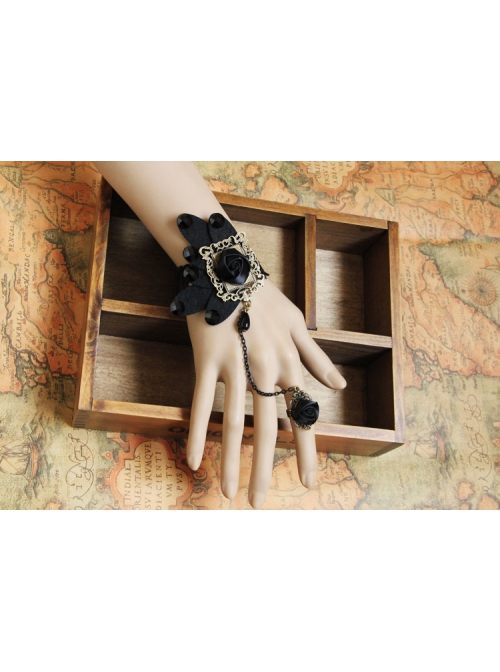 Fashion Black Butterfly Retro Gothic Rose Flower Diamond Lace Bracelet With Ring One Chain