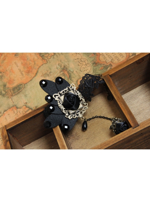 Fashion Black Butterfly Retro Gothic Rose Flower Diamond Lace Bracelet With Ring One Chain