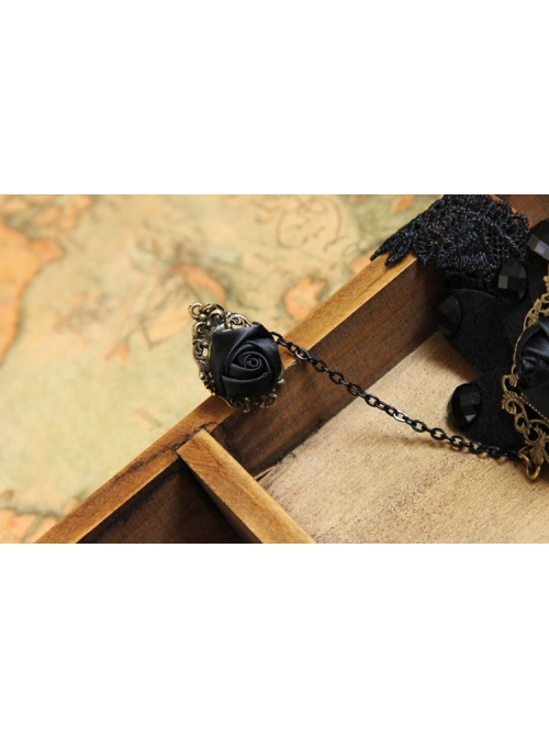 Fashion Black Butterfly Retro Gothic Rose Flower Diamond Lace Bracelet With Ring One Chain