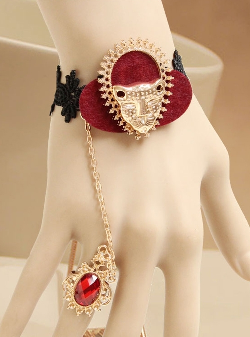 Retro Fashion Personality Exaggerated Tiger Head Black Lace Ruby Bracelet With Ring One Chain