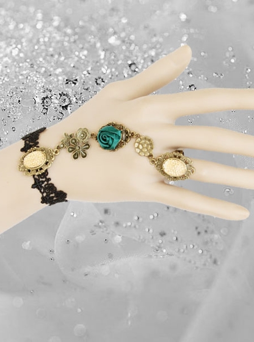 Retro Fashion Personality Vacation Black Lace Green Rose Female Bracelet With Ring One Chain
