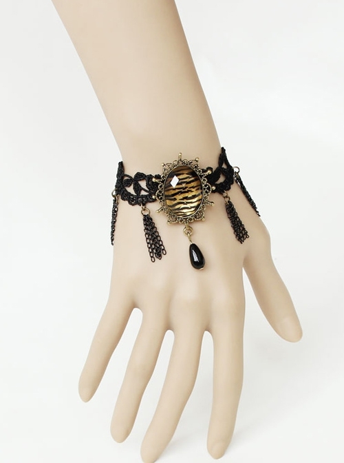 Fashion Retro Exaggerated Prom Sexy Black Lace Leopard Print Tassel Pearl Bracelet