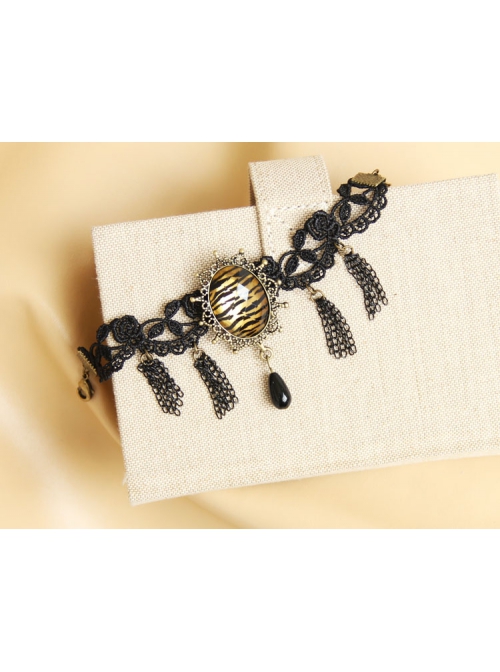 Fashion Retro Exaggerated Prom Sexy Black Lace Leopard Print Tassel Pearl Bracelet