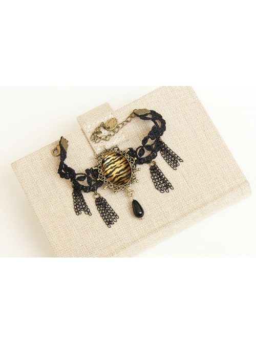 Fashion Retro Exaggerated Prom Sexy Black Lace Leopard Print Tassel Pearl Bracelet