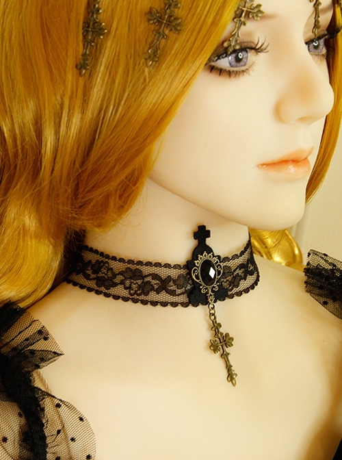 Fashion Retro Gothic Dark Lace Diamond Cross Pendant Sexy Female Choker