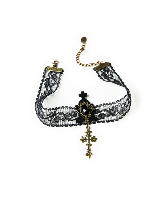 Fashion Retro Gothic Dark Lace Diamond Cross Pendant Sexy Female Choker