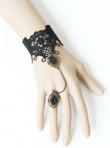 Gothic Retro Fashion Sexy Black Lace Diamond Female Bracelet With Ring One Chain