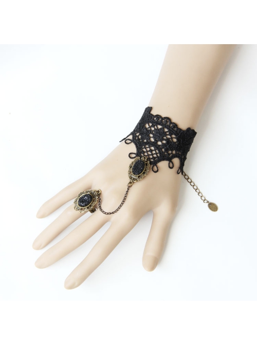 Gothic Retro Fashion Sexy Black Lace Diamond Female Bracelet With Ring One Chain