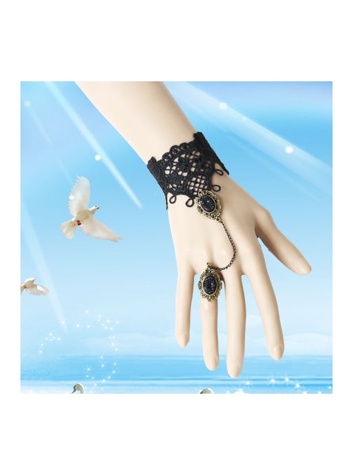Gothic Retro Fashion Sexy Black Lace Diamond Female Bracelet With Ring One Chain