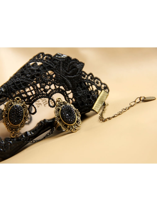 Gothic Retro Fashion Sexy Black Lace Diamond Female Bracelet With Ring One Chain