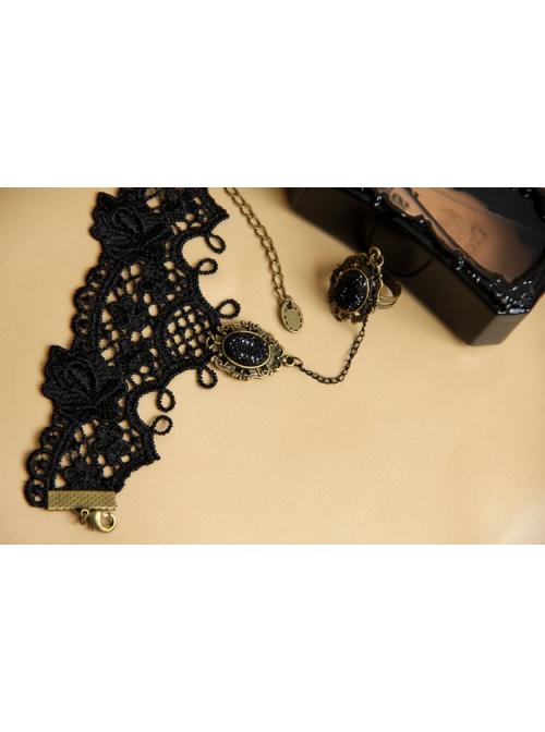Gothic Retro Fashion Sexy Black Lace Diamond Female Bracelet With Ring One Chain