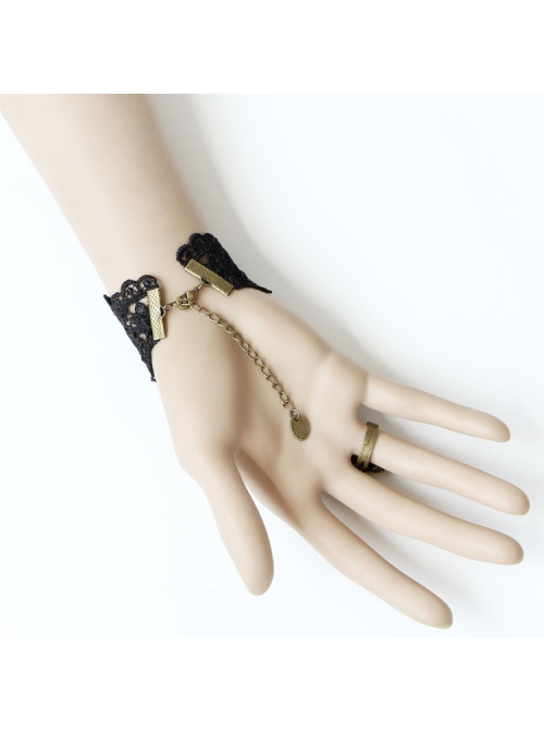 Gothic Retro Fashion Sexy Black Lace Diamond Female Bracelet With Ring One Chain