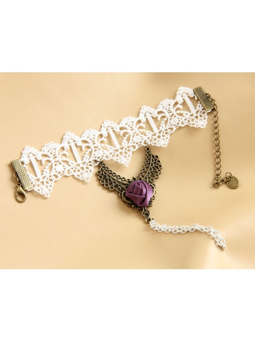 Fashion Retro Casual Bride Bridesmaid White Lace Purple Rose Bracelet Ring One Chain